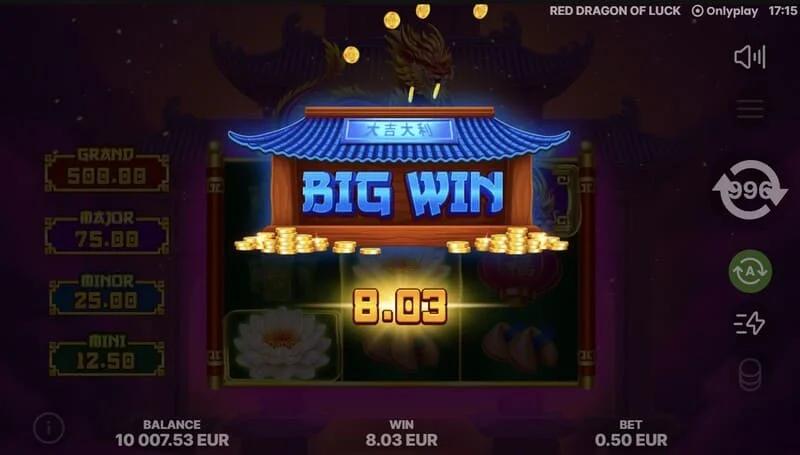 Red Dragon of Luck - skrin utama dengan grid 3x3 dan naga merah